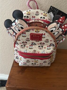 Loungefly Christmas Mini Backpack and Ears - White & Red Minnie/Mickey Print